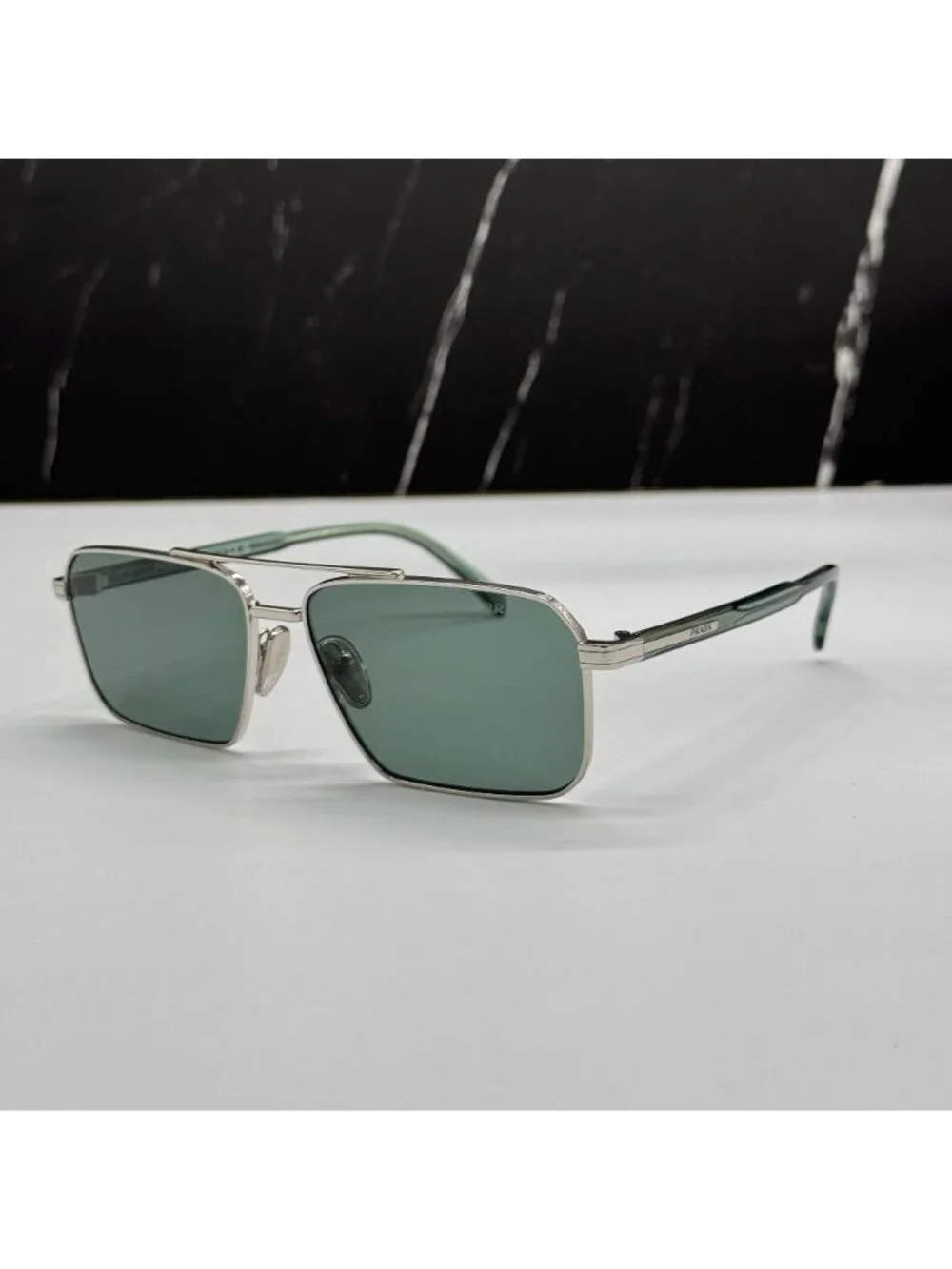 Prada PRA57S 1BC10G Unisex Square Silver Green Sunglasses Authentic NEW